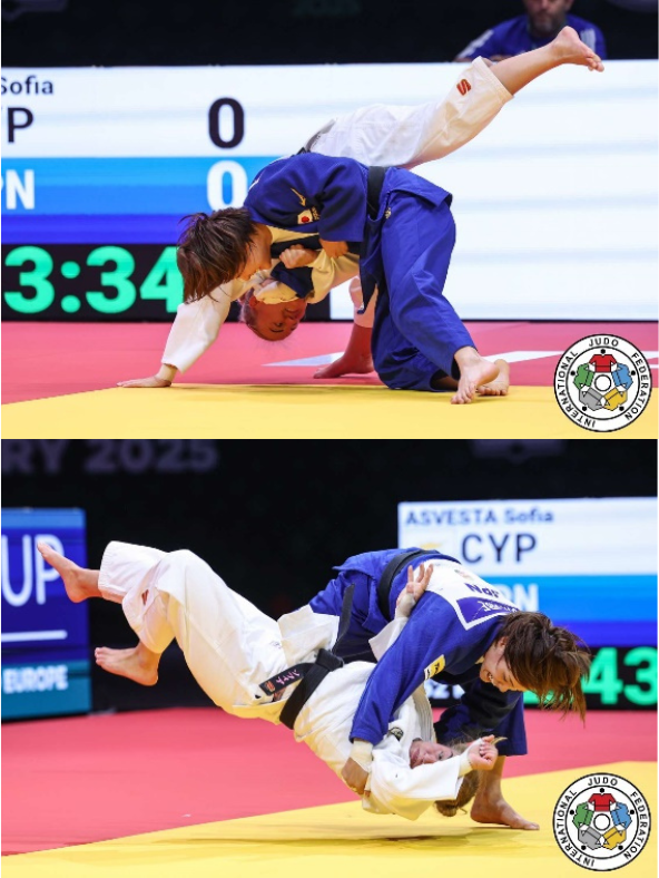 Composición de dos imágenes que muestra a una judoka japonesa con judogi azul controlando y proyectando a sus rivales con judogi blanco durante un torneo oficial de la IJF en Sofía.