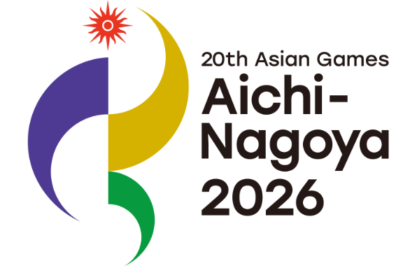 Logotipo oficial de los 20º Juegos Asiáticos Aichi-Nagoya 2026 sobre fondo blanco con el sol rojo del Consejo Olímpico de Asia y trazos curvos en morado, dorado y verde.