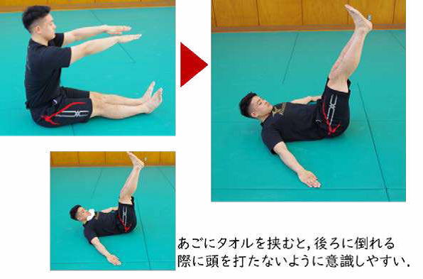 Ushiro-ukemi o caída hacia atrás, desde la posición sentada con las piernas extendidas