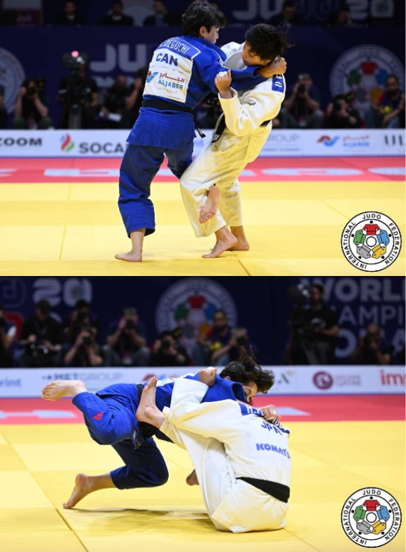 Composición vertical de dos imágenes que muestra a la judoka canadiense Christa Deguchi con judogi azul en un intenso duelo de agarres y ejecutando un lance dinámico contra una rival de Japón con judogi blanco.