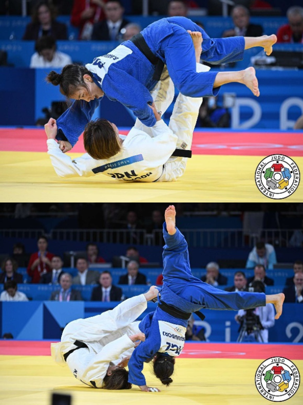 Composición vertical de dos imágenes que muestra a la judoka japonesa Natsumi Tsunoda con judogi blanco ejecutando una proyección de sacrificio (Tomoe-nage) para lanzar por el aire a su rival de Mongolia con judogi azul.