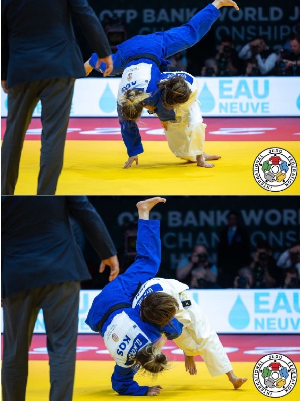 Composición vertical de dos imágenes que muestra a la judoka japonesa Uta Abe con judogi blanco ejecutando un lanzamiento de cadera y derribando a su oponente con judogi azul.