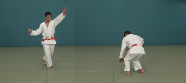 Composición de dos paneles que muestra a un judoka con judogi blanco y cinturón rojo practicando giros de desplazamiento (Tai-sabaki) y flexión de piernas sin oponente sobre el tatami.