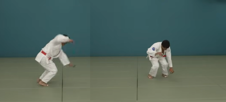 Composición de dos paneles que muestra a un judoka con judogi blanco y cinturón rojo ejecutando giros dinámicos y flexión profunda de cadera sin oponente sobre el tatami.