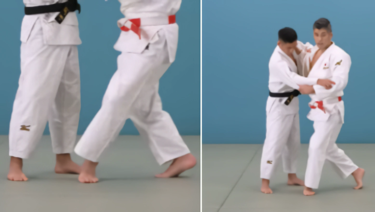 Composición dividida en dos paneles que muestra el trabajo de pies en primer plano y la postura corporal de agarre entre un maestro de judo y su alumno sobre el tatami.
