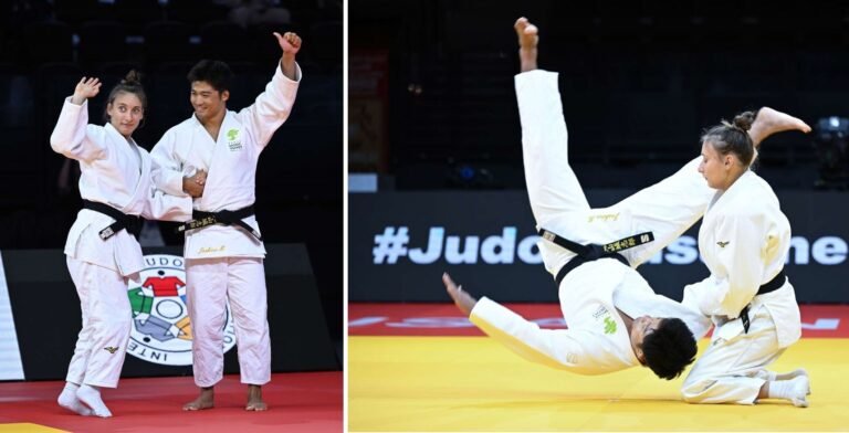Composición en dos paneles con Joshiro Maruyama y una judoka en judogi blanco saludando al público y ejecutando una proyección espectacular sobre el tatami.