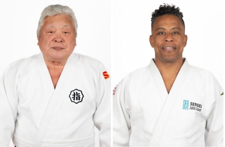 Composición en dos paneles con retratos de estudio del maestro Kazuhiro Mikami a la izquierda y el judoka Sergei Aschwanden a la derecha, ambos con judogi blanco.