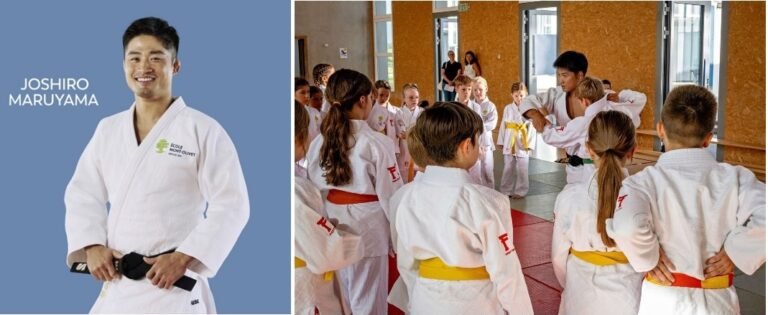 Composición en dos paneles con un retrato de Joshiro Maruyama a la izquierda y el judoka enseñando postura de agarre a niños en un dojo a la derecha.