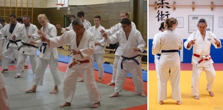 Composición en dos paneles que muestra al maestro Hiroshi Katanishi con cinturón rojo y blanco guiando a un grupo de judokas en ejercicios de Tandoku-renshu y demostrando desplazamientos en el dojo.
