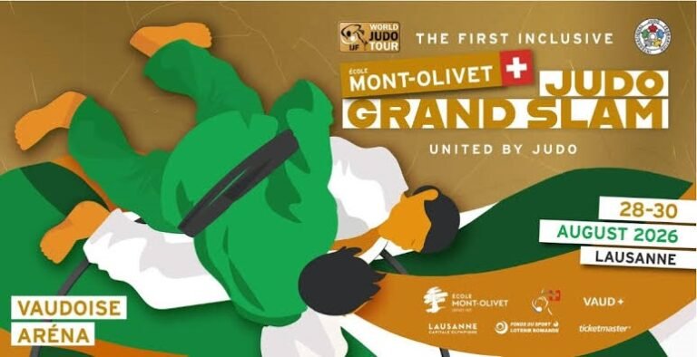Afiche oficial en formato vertical del evento École Mont-Olivet Judo Grand Slam en Lausana, ilustrando a dos judokas en combate con judogis verde y blanco.
