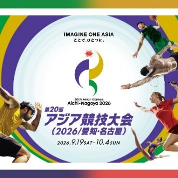 Afiche oficial de los 20º Juegos Asiáticos Aichi-Nagoya 2026 con el eslogan Imagine One Asia, el emblema oficial y atletas de diversas disciplinas dinámicas rodeando el marco circular.