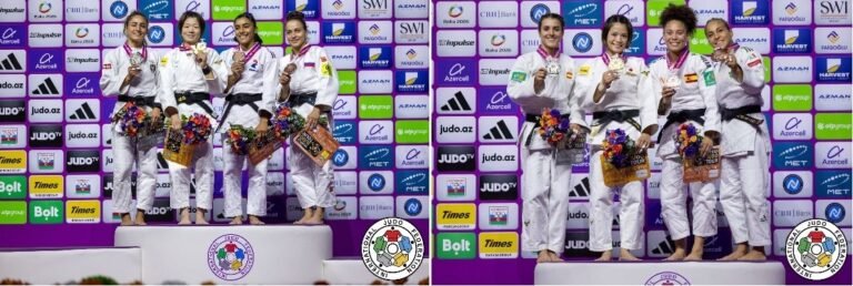 "Composición fotográfica de dos podios femeninos de judo del IJF World Tour con las medallistas en judogi blanco sosteniendo sus medallas, ramos de flores y premios frente al panel institucional.
