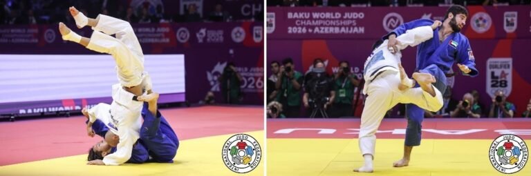 Composición de dos fotografías de judo de alta competencia que muestra espectaculares técnicas de proyección y desequilibrio sobre el tatami amarillo de la IJF.