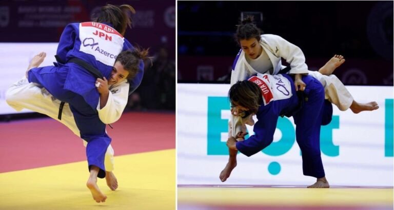 Composición de dos fotografías de judo de la final femenina de -52 kg entre Uta Abe con judogi azul y Ariane Toro Soler con judogi blanco sobre el tatami.