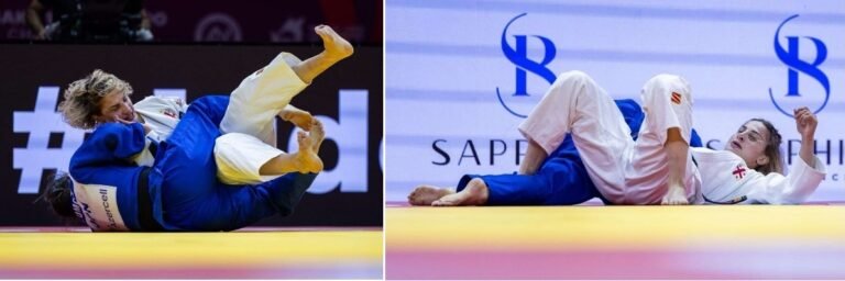 Composición de dos fotografías de la final femenina de judo -57 kg entre Kisumi Omori con judogi azul y Eteri Liparteliani con judogi blanco en combate de suelo sobre el tatami.