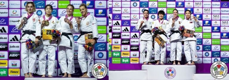 Composición fotográfica de dos podios femeninos de judo con competidoras sosteniendo sus medallas, flores y premios en el Grand Slam de Bakú.