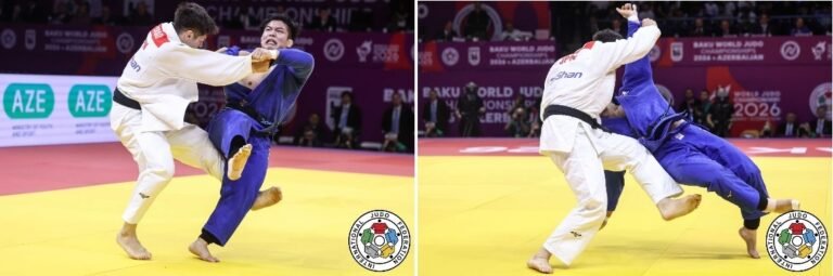 Composición de dos fotografías de judo de alta competición que capturan intensos agarres y ataques de pierna sobre el tatami amarillo de la IJF con judokas en judogi blanco y azul.