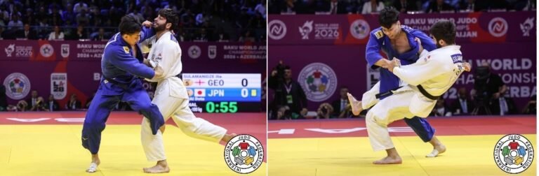 Composición de dos fotografías de judo de alta competencia que muestra el combate de -100 kg entre Dota Arai de Japón e Ilia Sulamanidze de Georgia sobre el tatami de la IJF.