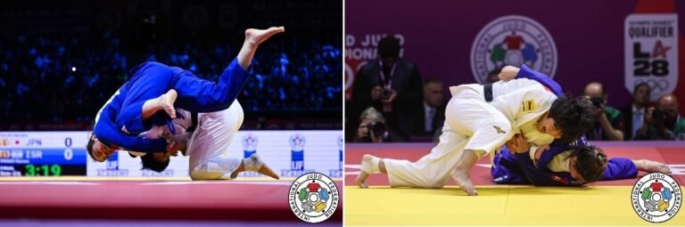 Composición fotográfica de la final femenina de judo -63 kg con proyección aérea y control en el suelo entre Kaju Takaichi de Japón y Kerem Primo de Israel sobre el tatami oficial.