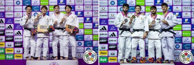 Composición fotográfica de dos podios masculinos de judo con los medallistas exhibiendo sus medallas, flores y premios en el Grand Slam de Bakú.