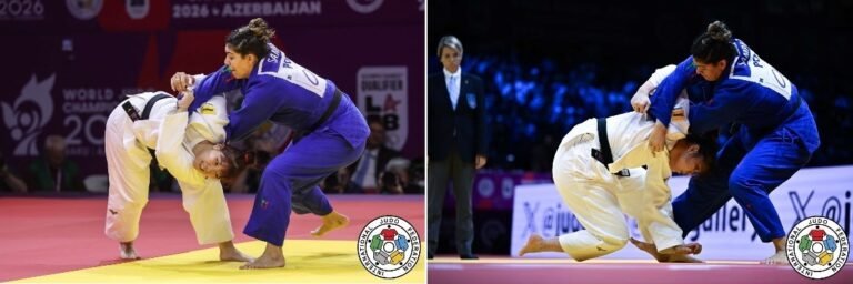 Composición de dos fotografías de judo del combate por el tercer puesto entre Ayami Ikeda con judogi blanco y Patricia Sampaio con judogi azul sobre el tatami oficial.