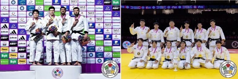 Composición fotográfica de un podio masculino de judo -90 kg en Bakú y la delegación japonesa festejando sobre el tatami con medallas de oro y trofeo.