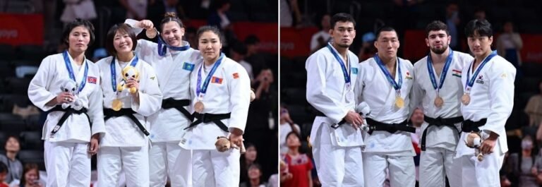 Composición fotográfica de dos podios de premiación de judo con competidoras y competidores luciendo judogis blancos, cinturones negros y medallas internacionales.