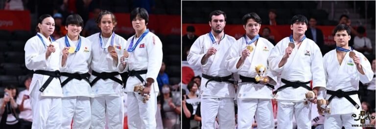 Composición de dos fotografías de podios de premiación de judo con competidoras de -70 kg y competidores de -90 kg exhibiendo sus medallas y judogis blancos.