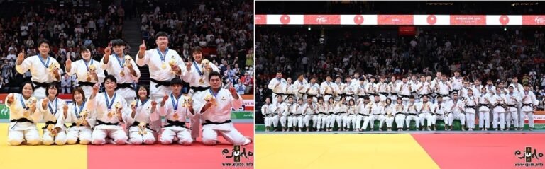 Composición fotográfica de la selección japonesa de judo festejando con medallas de oro la victoria por equipos mixtos y la foto grupal de todas las delegaciones participantes en el tatami.